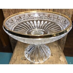Pedestal Bowl Etched‎ Lead Glass Gilded Rim West Germany Enesco STUNNING